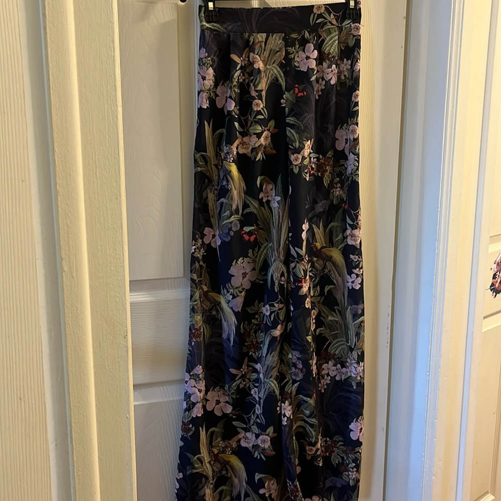 H&M Black Wide Leg Pants with Bold Botanical Motif